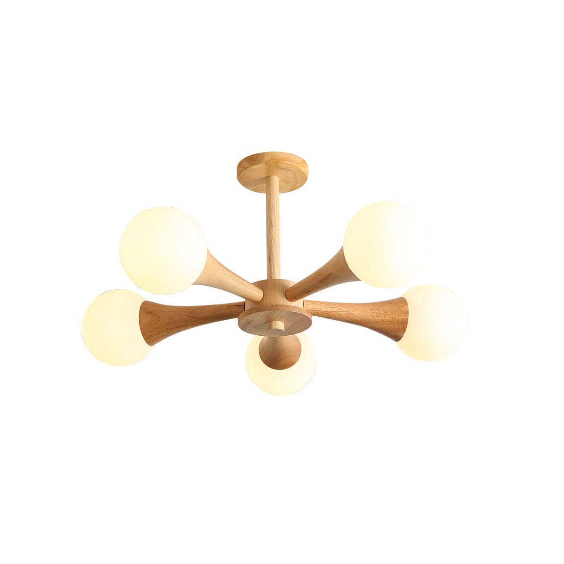 Nera Gasolier Wooden Chandelier with White Glass Globes for Mid Century Modern Interior Decor