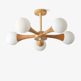Nera Gasolier Wooden Chandelier with White Glass Globes for Mid Century Modern Interior Decor