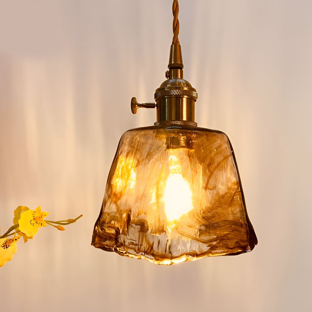 Nordic Amber Glass LED Pendant Light with Electroplated Metal Hanging Lamp for Island