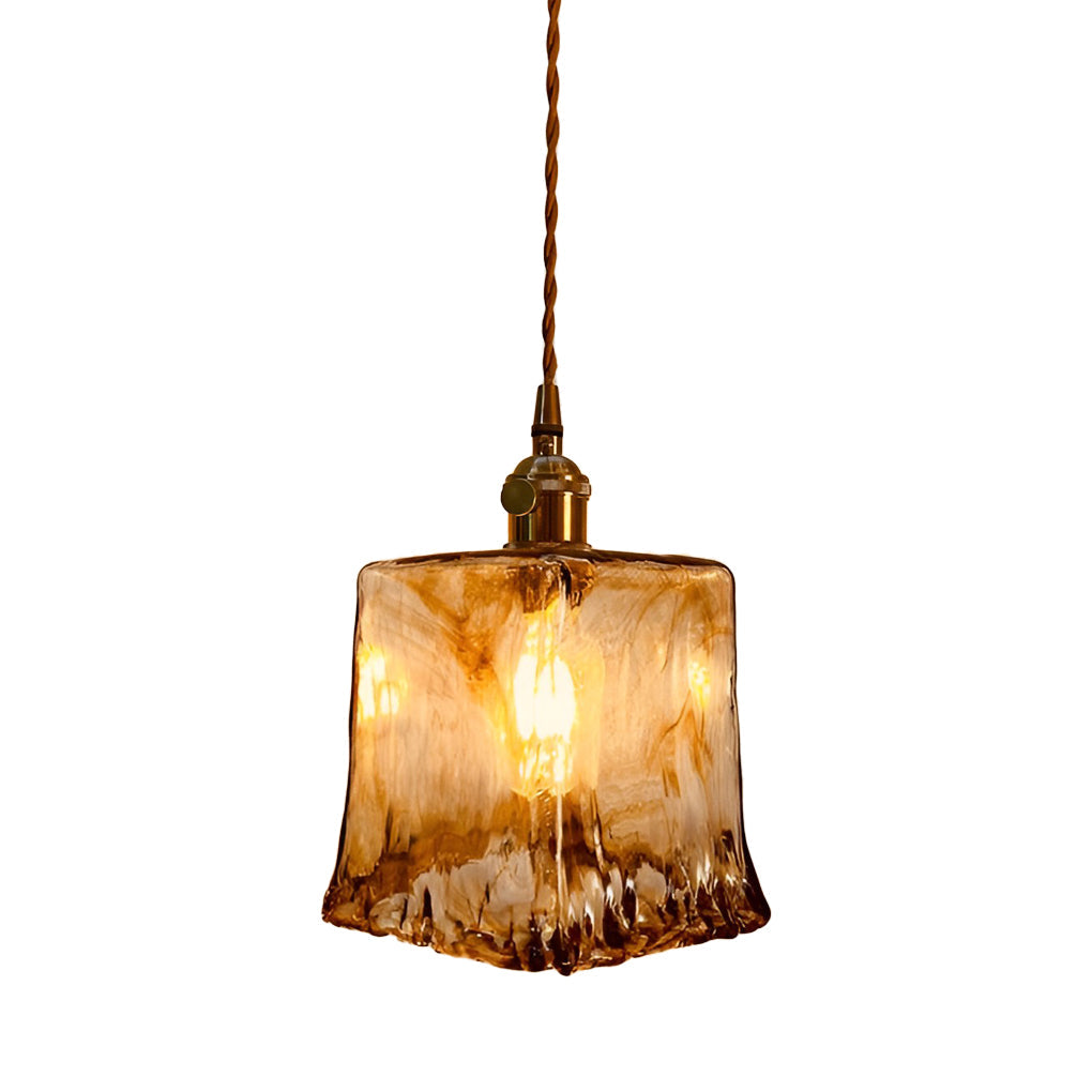 Nordic Amber Glass LED Pendant Light with Electroplated Metal Hanging Lamp for Island
