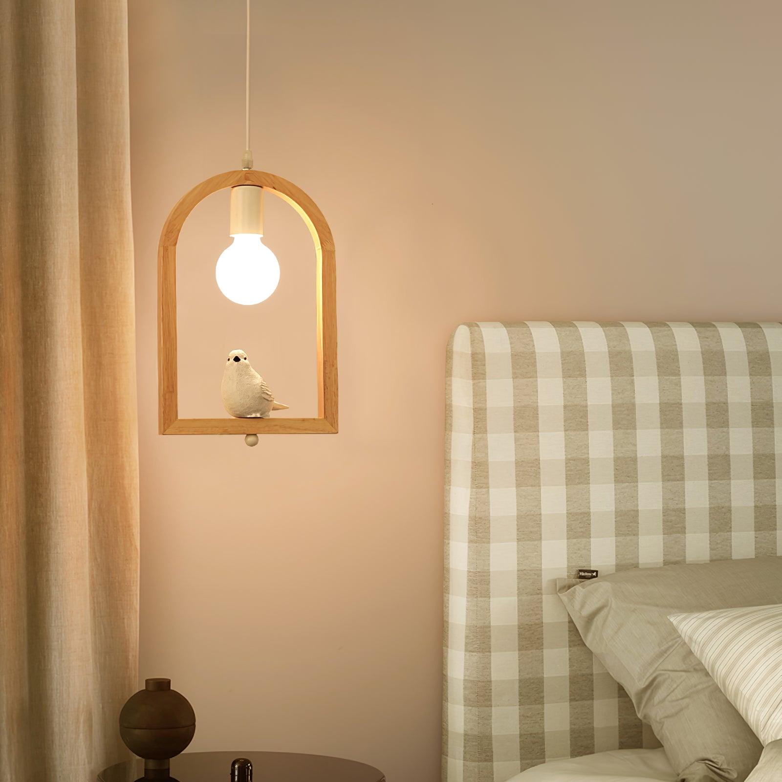 Nordic Bird House Resin Pendant Light Wood Geometric Hanging Lamp for Modern Home Decor