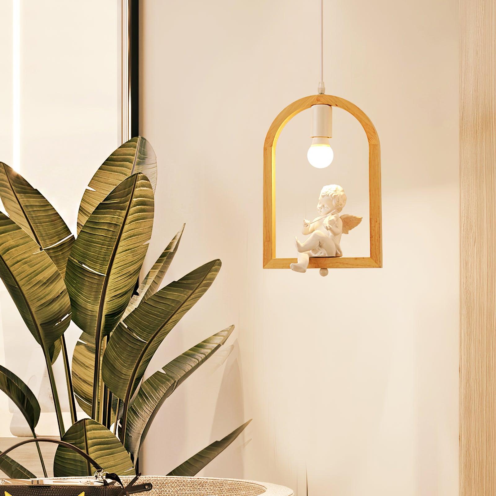 Nordic Bird House Resin Pendant Light Wood Geometric Hanging Lamp for Modern Home Decor