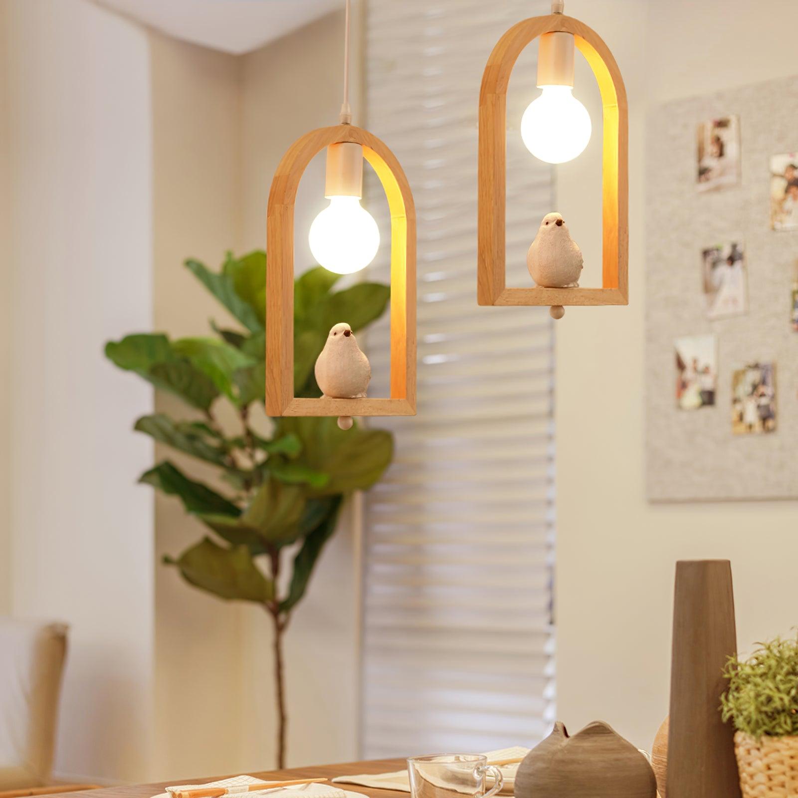 Nordic Bird House Resin Pendant Light Wood Geometric Hanging Lamp for Modern Home Decor