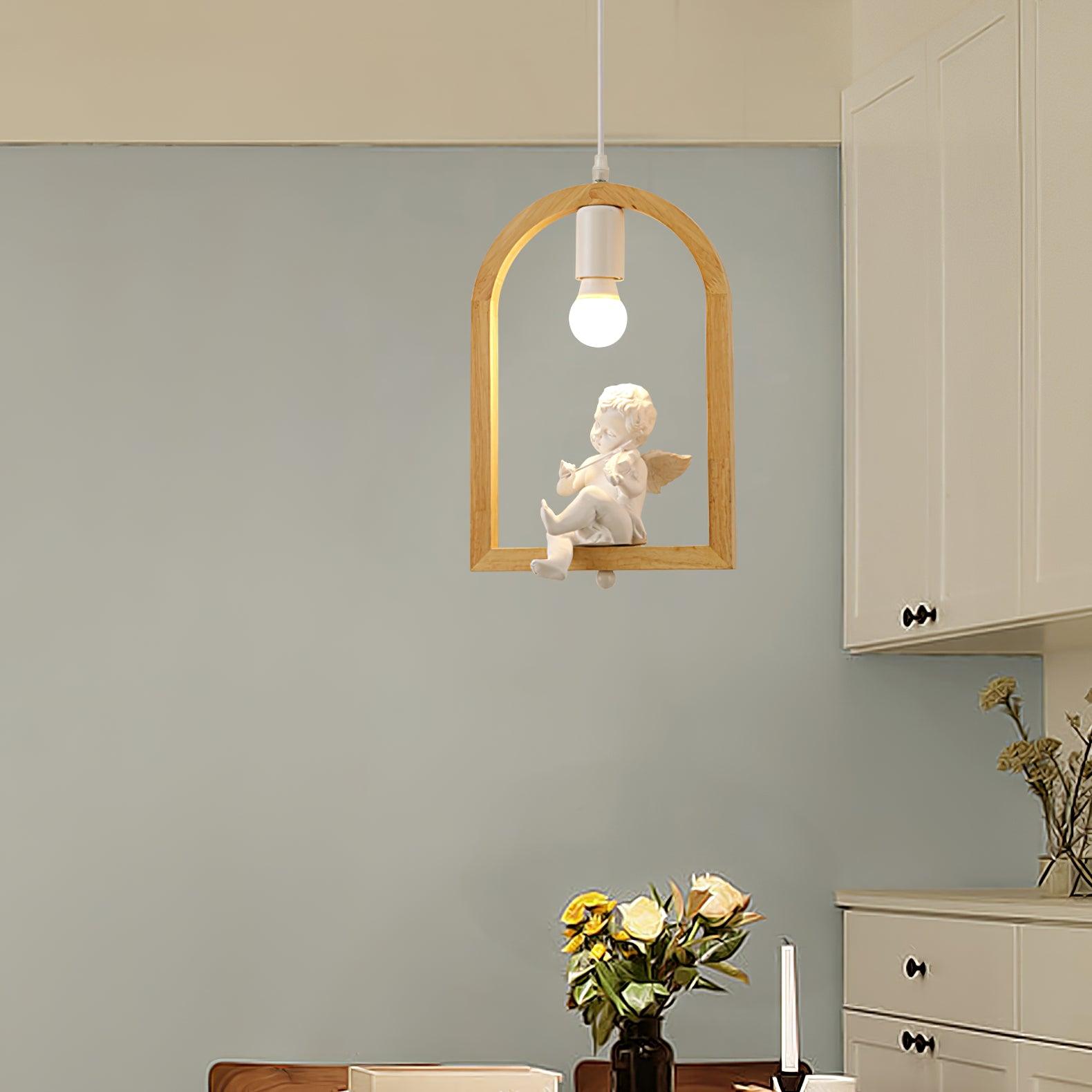 Nordic Bird House Resin Pendant Light Wood Geometric Hanging Lamp for Modern Home Decor