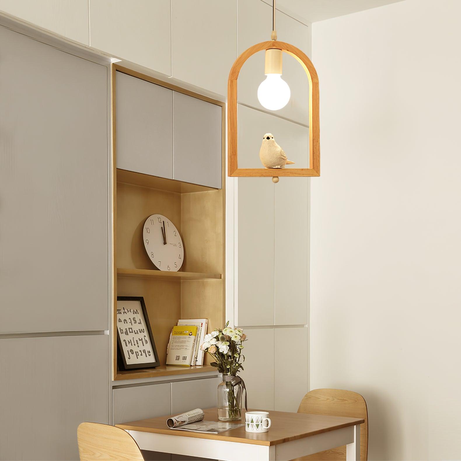 Nordic Bird House Resin Pendant Light Wood Geometric Hanging Lamp for Modern Home Decor
