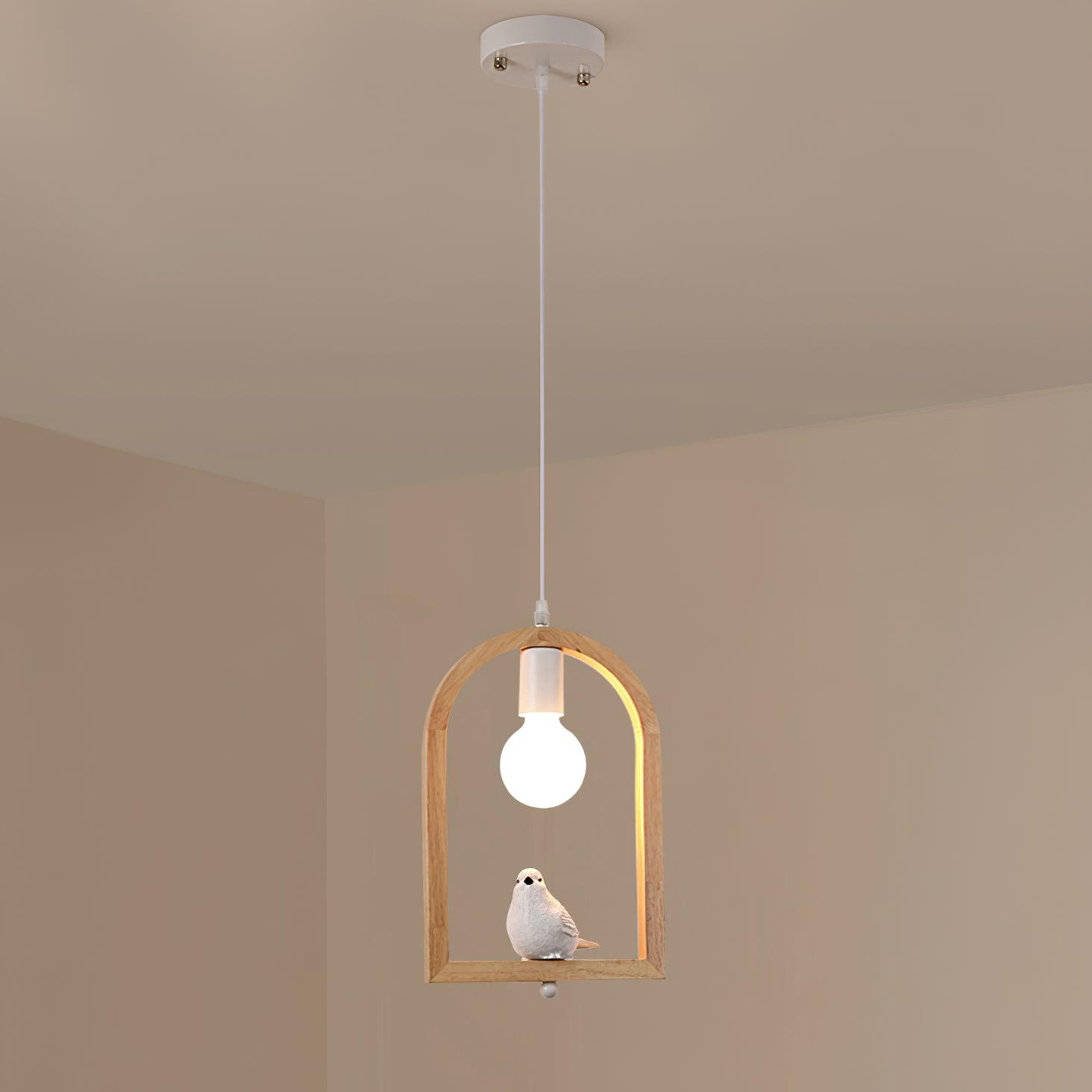Nordic Bird House Resin Pendant Light Wood Geometric Hanging Lamp for Modern Home Decor