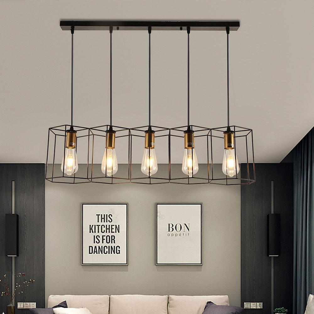 Nordic Black Metal Square Line Pendant Light for Kitchen Island Modern Geometric 5 Light Chandelier