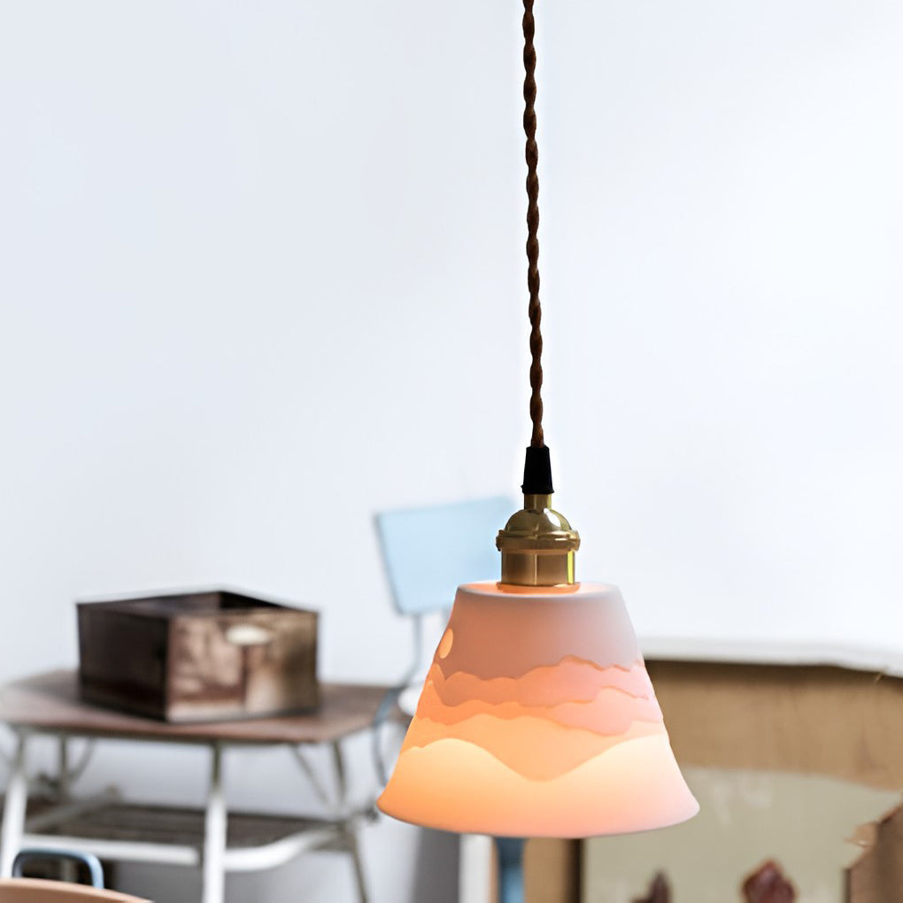 Nordic Ceramic Mountain Landscape LED Pendant Light and Wall Sconce with Copper Accents