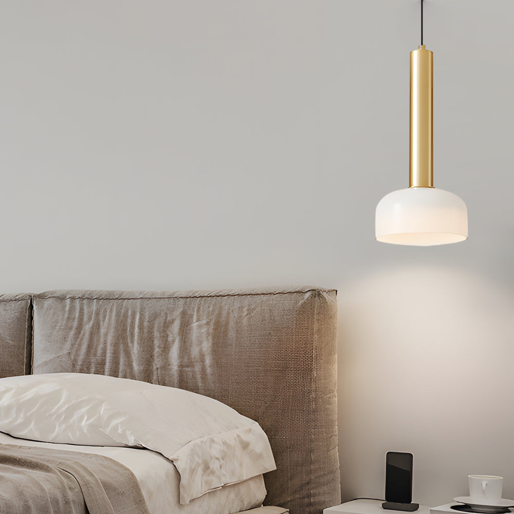 Nordic Copper Tube LED Pendant Light with White Glass Bowl Shade for Bedroom and Living Room