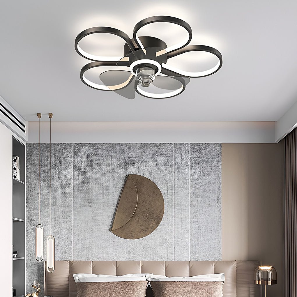 Low Profile Modern Flower LED Ceiling Fan Flush Mount with Reversible DC Motor for Bedroom