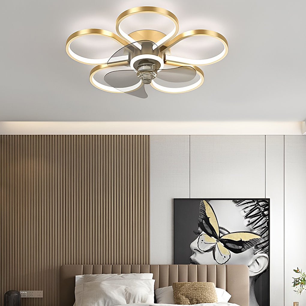 Low Profile Modern Flower LED Ceiling Fan Flush Mount with Reversible DC Motor for Bedroom