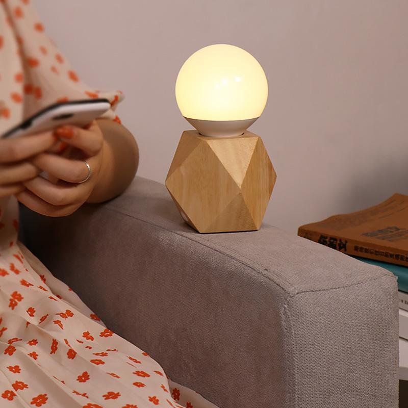 Nordic Geometric Wooden Bedside Touch Lamp with USB Charging Port and LED Bulb