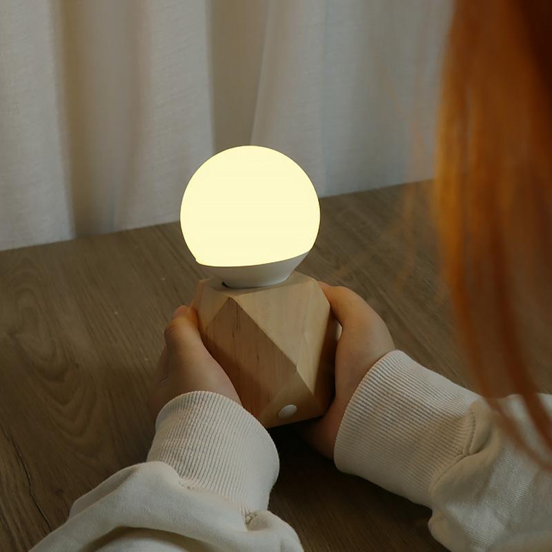 Nordic Geometric Wooden Bedside Touch Lamp with USB Charging Port and LED Bulb