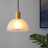 Nordic Glass Flower and Wood Pendant Light Modern White Hanging Chandelier Lamp for Dining Room
