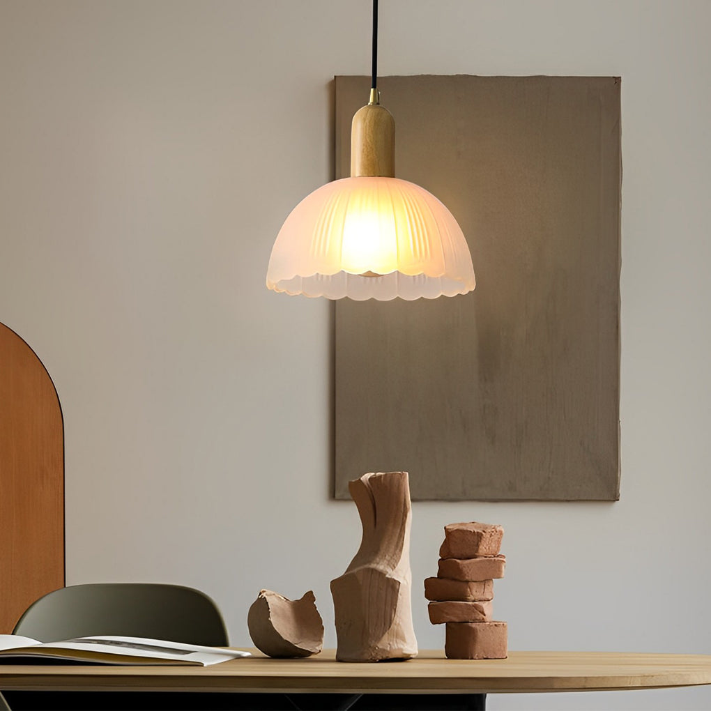 Nordic Glass Flower and Wood Pendant Light Modern White Hanging Chandelier Lamp for Dining Room