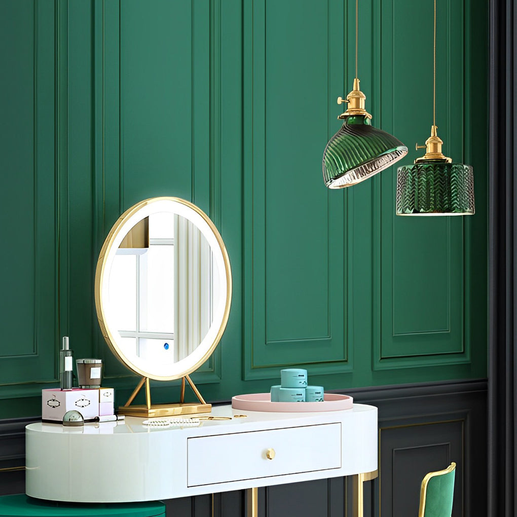 Nordic Green Glass Pendant Light with Copper Base Retro Emerald Hanging Lamp for Dining Room