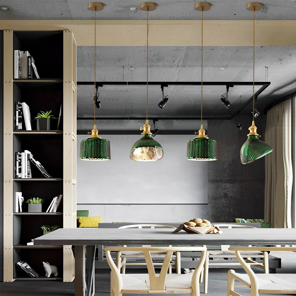 Nordic Green Glass Pendant Light with Copper Base Retro Emerald Hanging Lamp for Dining Room