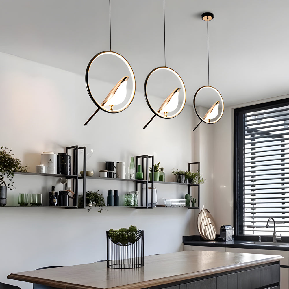Nordic Magpie Bird LED Ring Pendant Light for Dining Room and Kitchen Island in Gold and Black