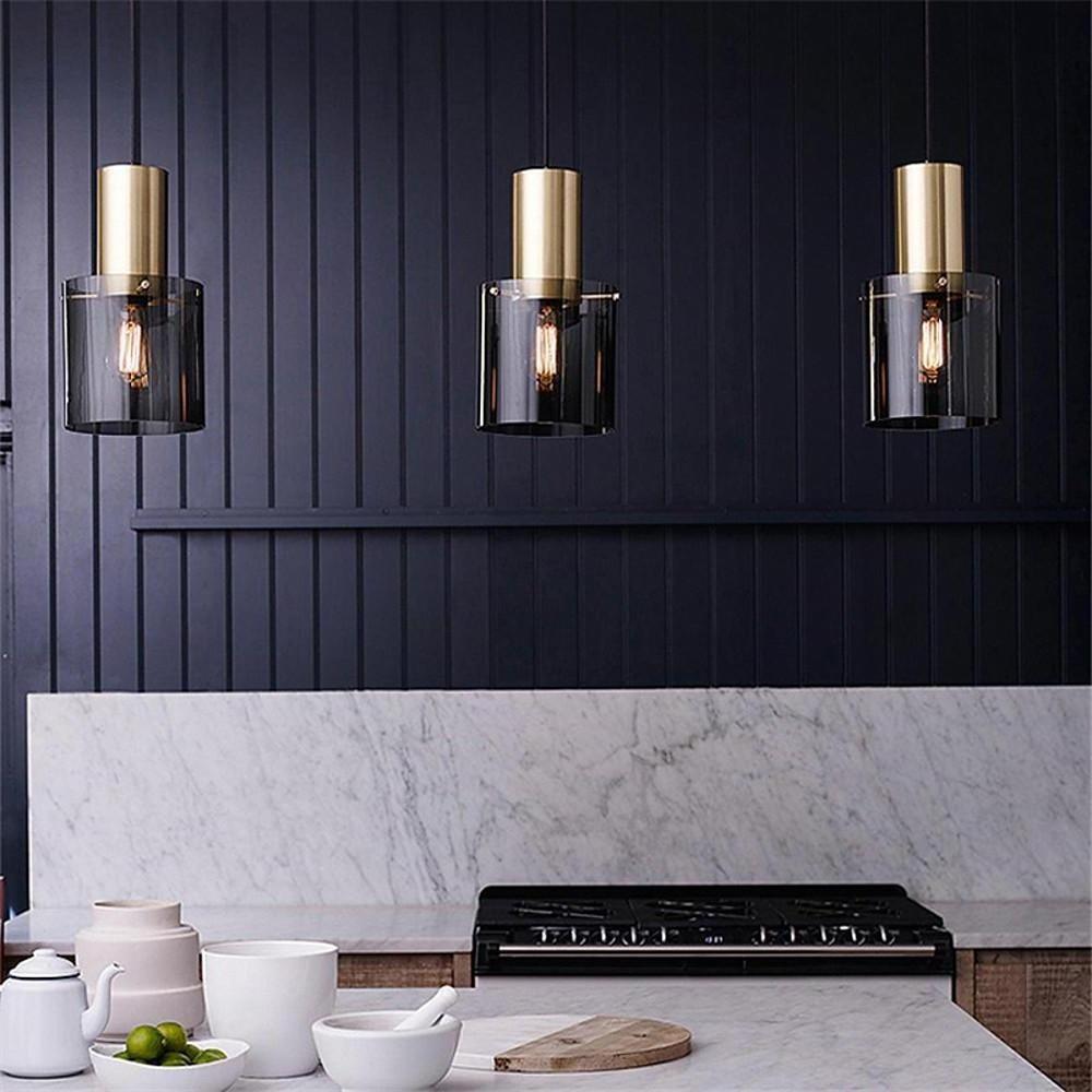 Nordic Modern Cylindrical Glass Pendant Light Industrial Metal Hanging Fixture for Dining Room Kitchen