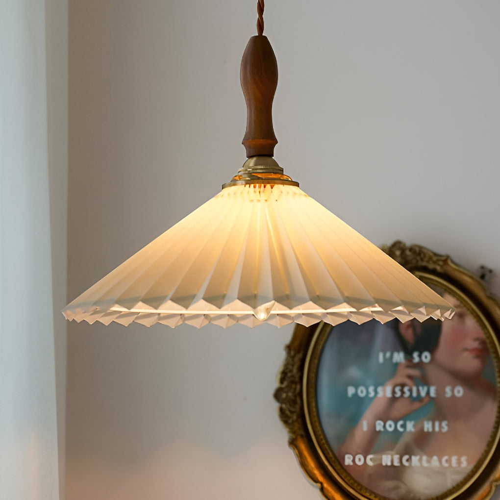 Nordic Pleated Shade LED Pendant Light and Wall Sconce with Walnut Wood Accents