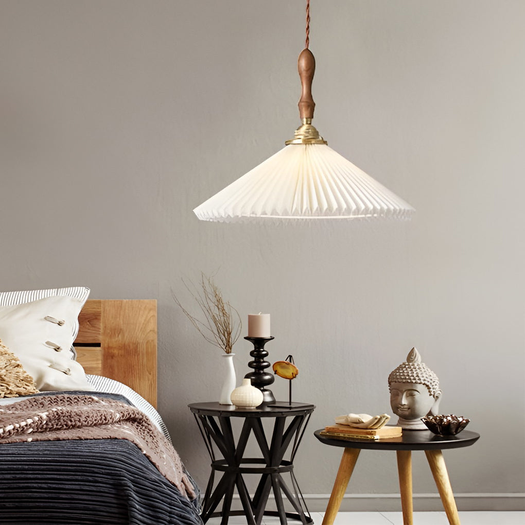 Nordic Pleated Shade LED Pendant Light and Wall Sconce with Walnut Wood Accents