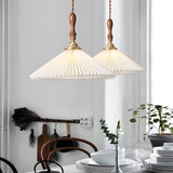 Nordic Pleated Shade LED Pendant Light and Wall Sconce with Walnut Wood Accents