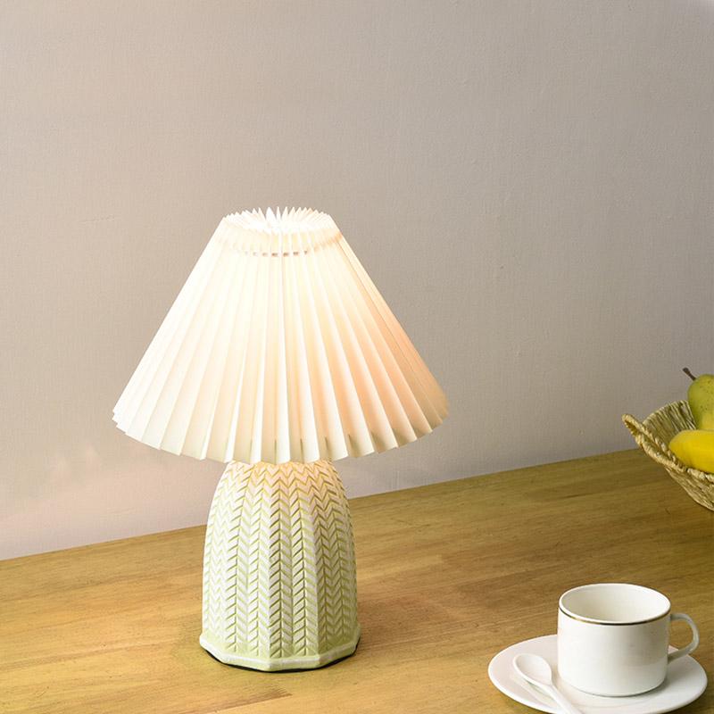 Nordic Style White Ceramic Table Lamp with Pleated Linen Shade and Floral Design