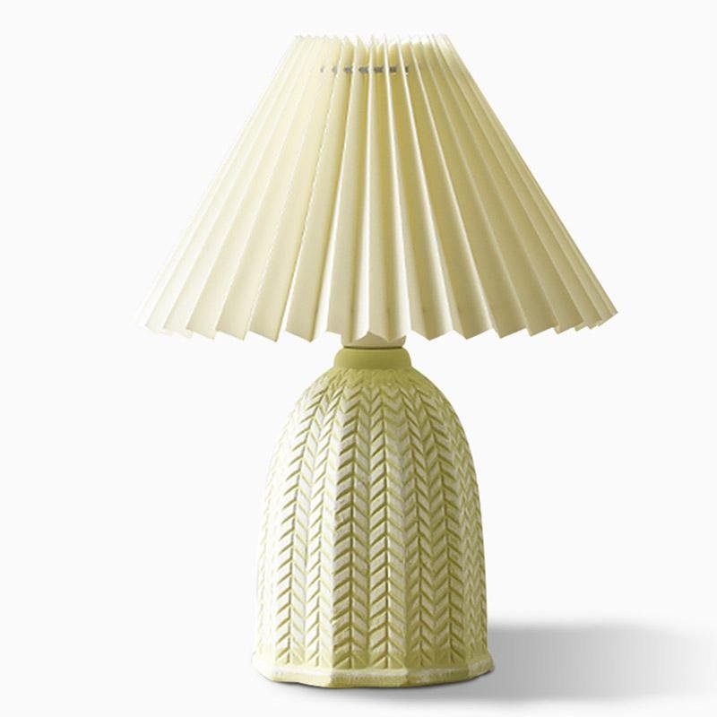 Nordic Style White Ceramic Table Lamp with Pleated Linen Shade and Floral Design