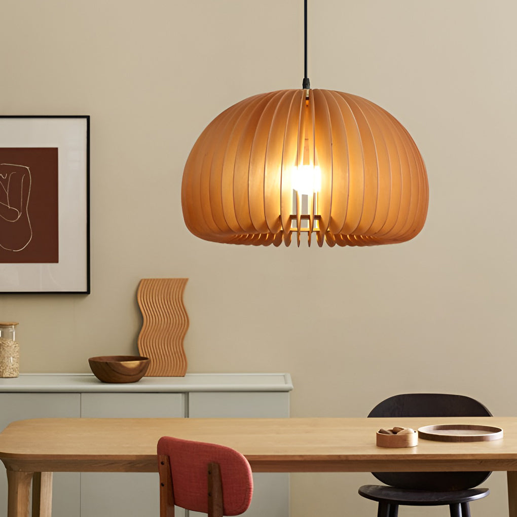Nordic Style Wooden Pumpkin Pendant Light Retro Basswood Chandelier for Living Room