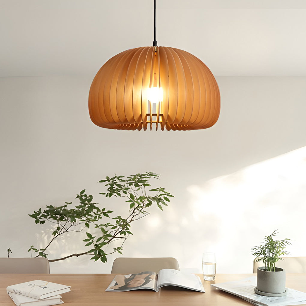 Nordic Style Wooden Pumpkin Pendant Light Retro Basswood Chandelier for Living Room