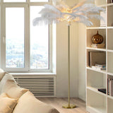 Modern 30 Inch Ostrich Feather Accent Floor Lamp with Gold Leaf Iron Base for Bedroom and Living Room