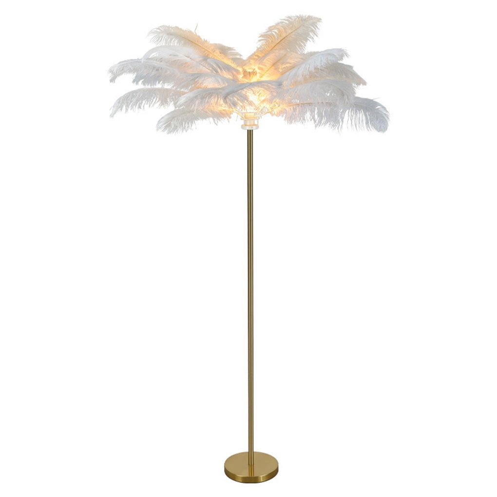Modern 30 Inch Ostrich Feather Accent Floor Lamp with Gold Leaf Iron Base for Bedroom and Living Room