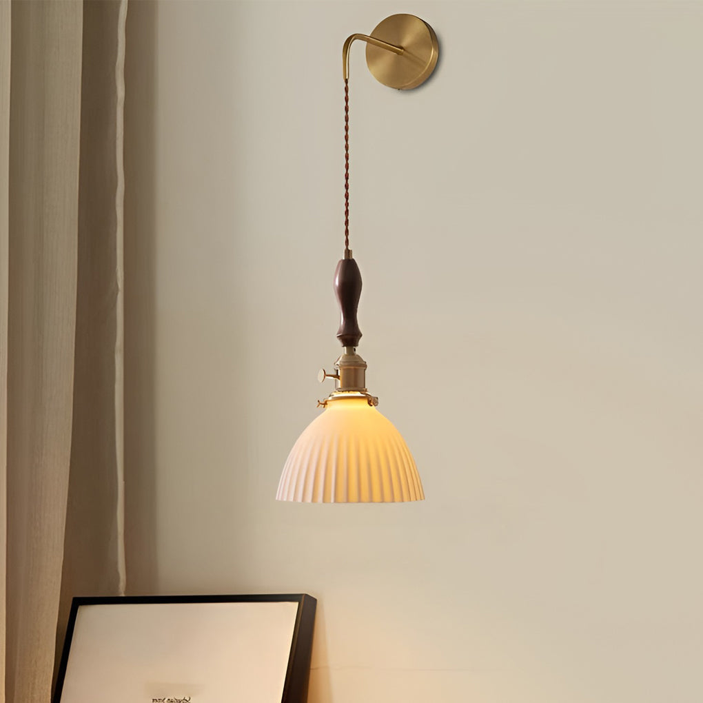 Nordic White Ceramic and Walnut Pendant Light 12W Vintage Copper LED Plug In Wall Mounted Sconce
