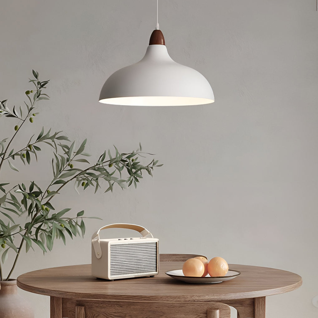 Nordic White Round Pendant Light with Walnut Accents Minimalist 12W LED Hanging Lamp