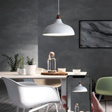 Nordic White Round Pendant Light with Walnut Accents Minimalist 12W LED Hanging Lamp