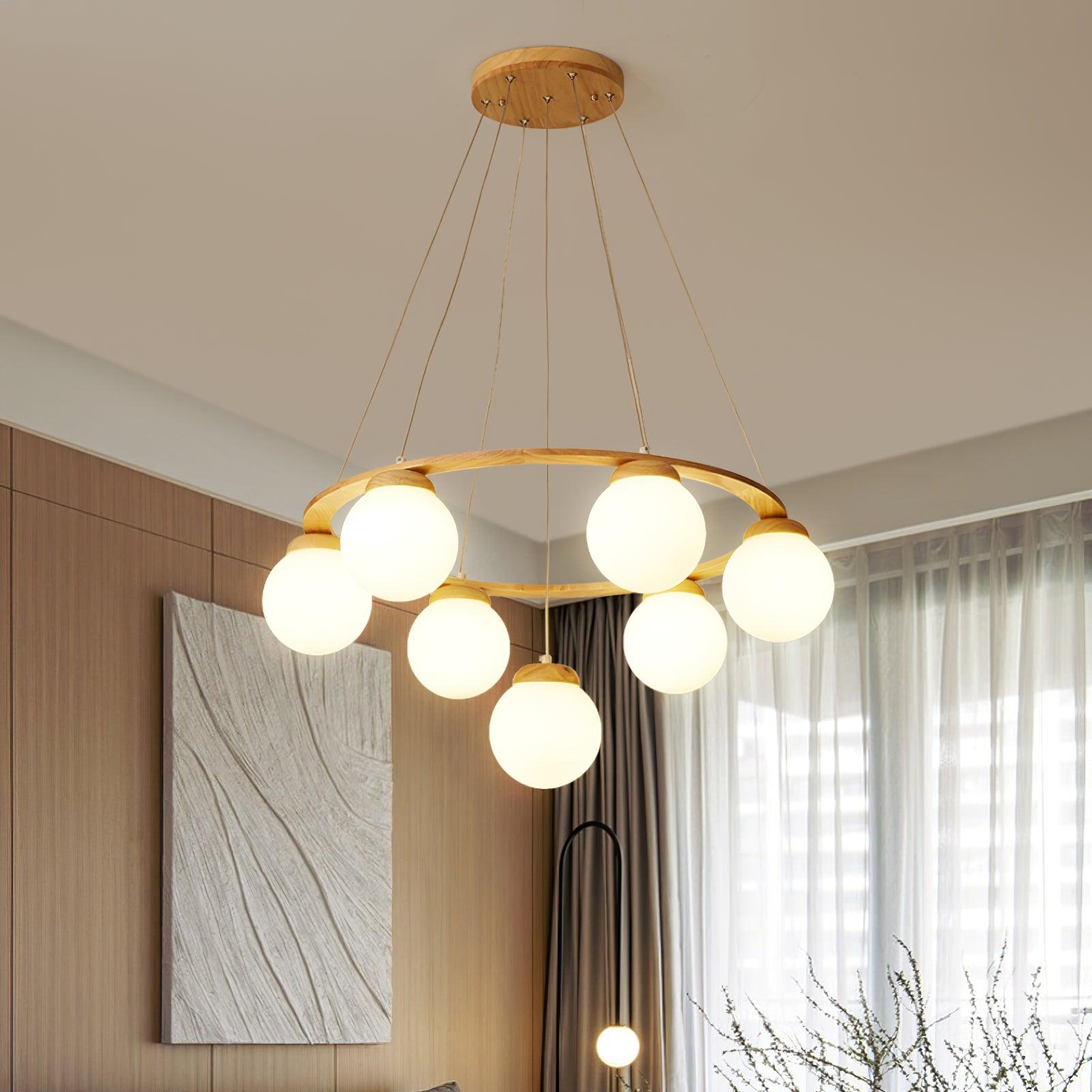 Nordic Wood and Glass Globe Chandelier Modern Minimalist Ceiling Light Fixture