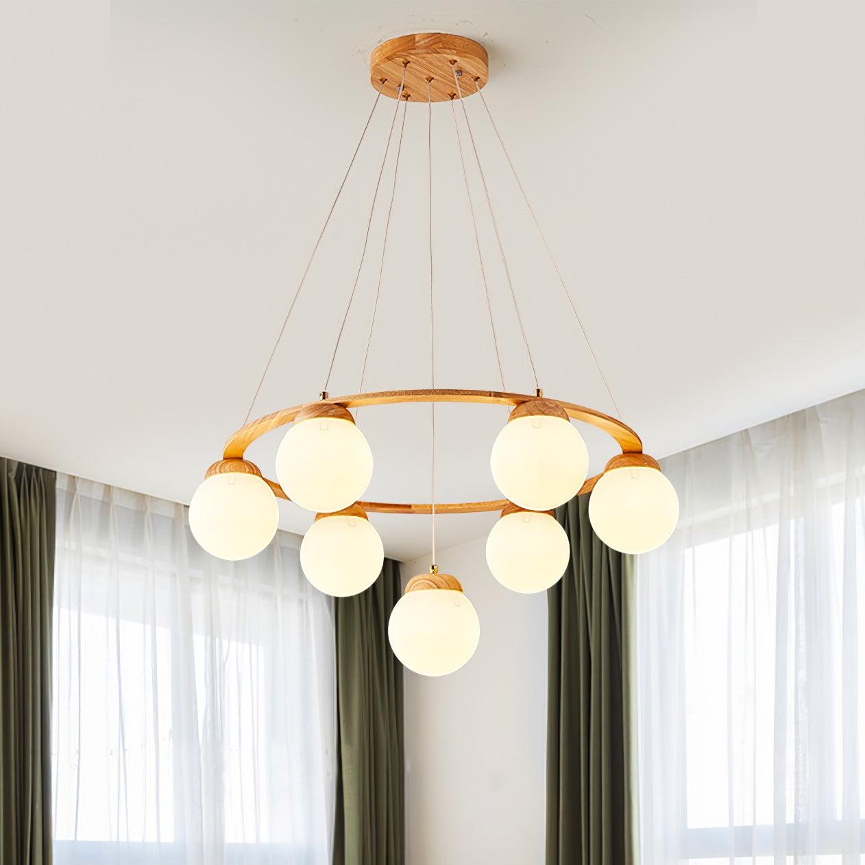 Nordic Wood and Glass Globe Chandelier Modern Minimalist Ceiling Light Fixture