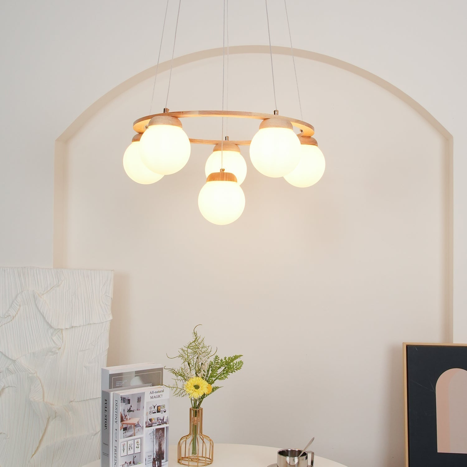 Nordic Wood and Glass Globe Chandelier Modern Minimalist Ceiling Light Fixture