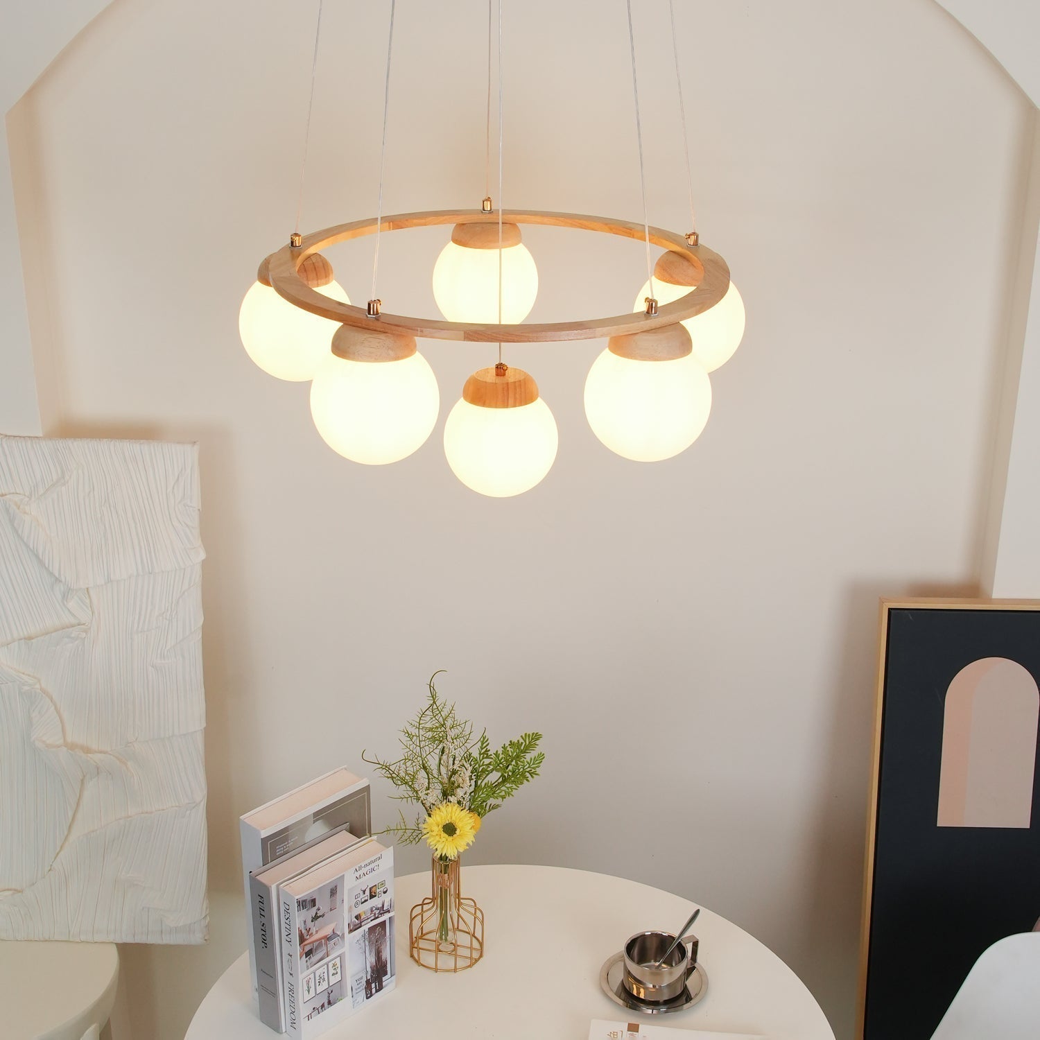 Nordic Wood and Glass Globe Chandelier Modern Minimalist Ceiling Light Fixture