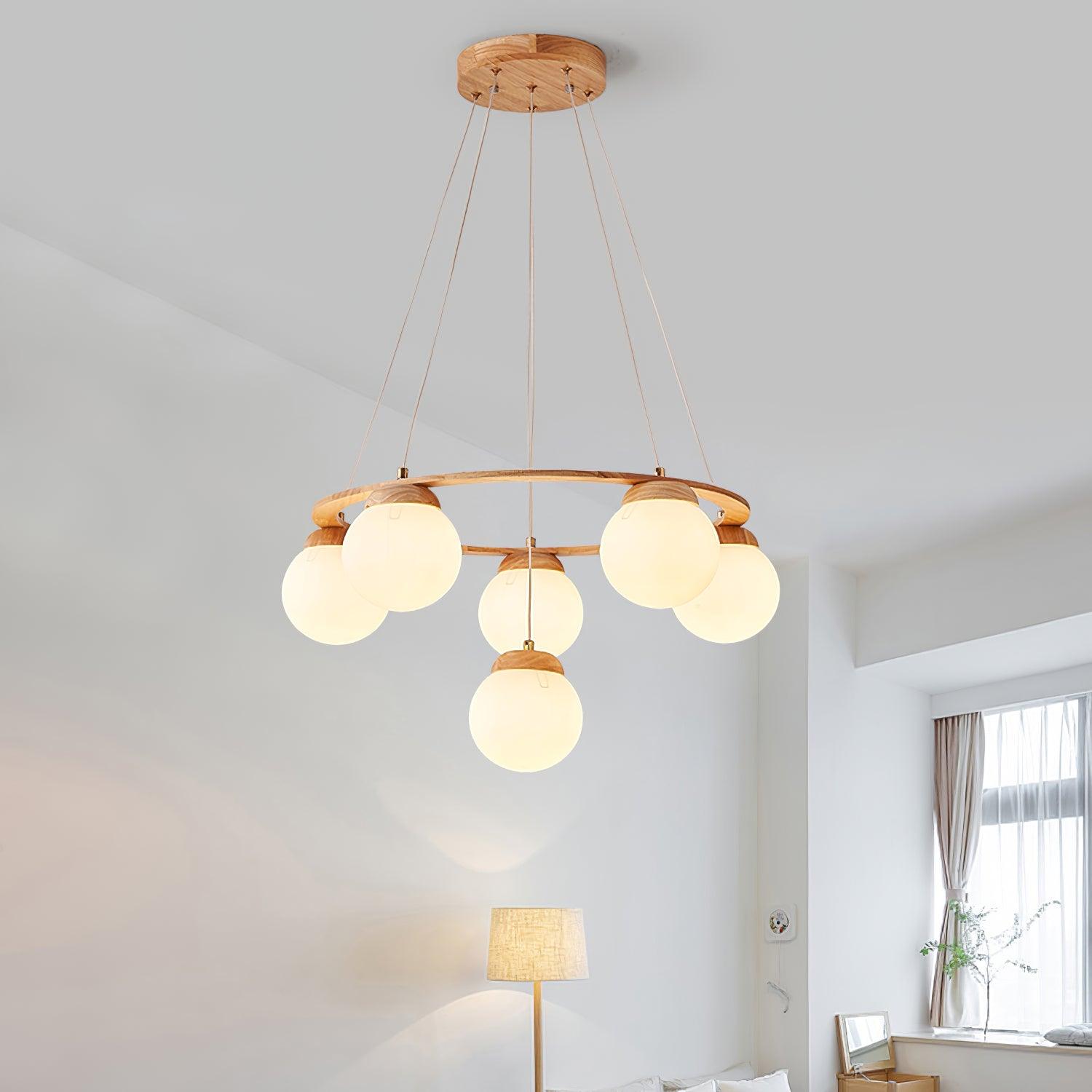 Nordic Wood and Glass Globe Chandelier Modern Minimalist Ceiling Light Fixture