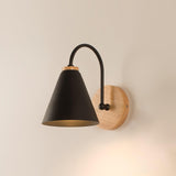 Nordic Wooden Wall Sconce Set with Cone Iron Shade and Modern Metal Accents