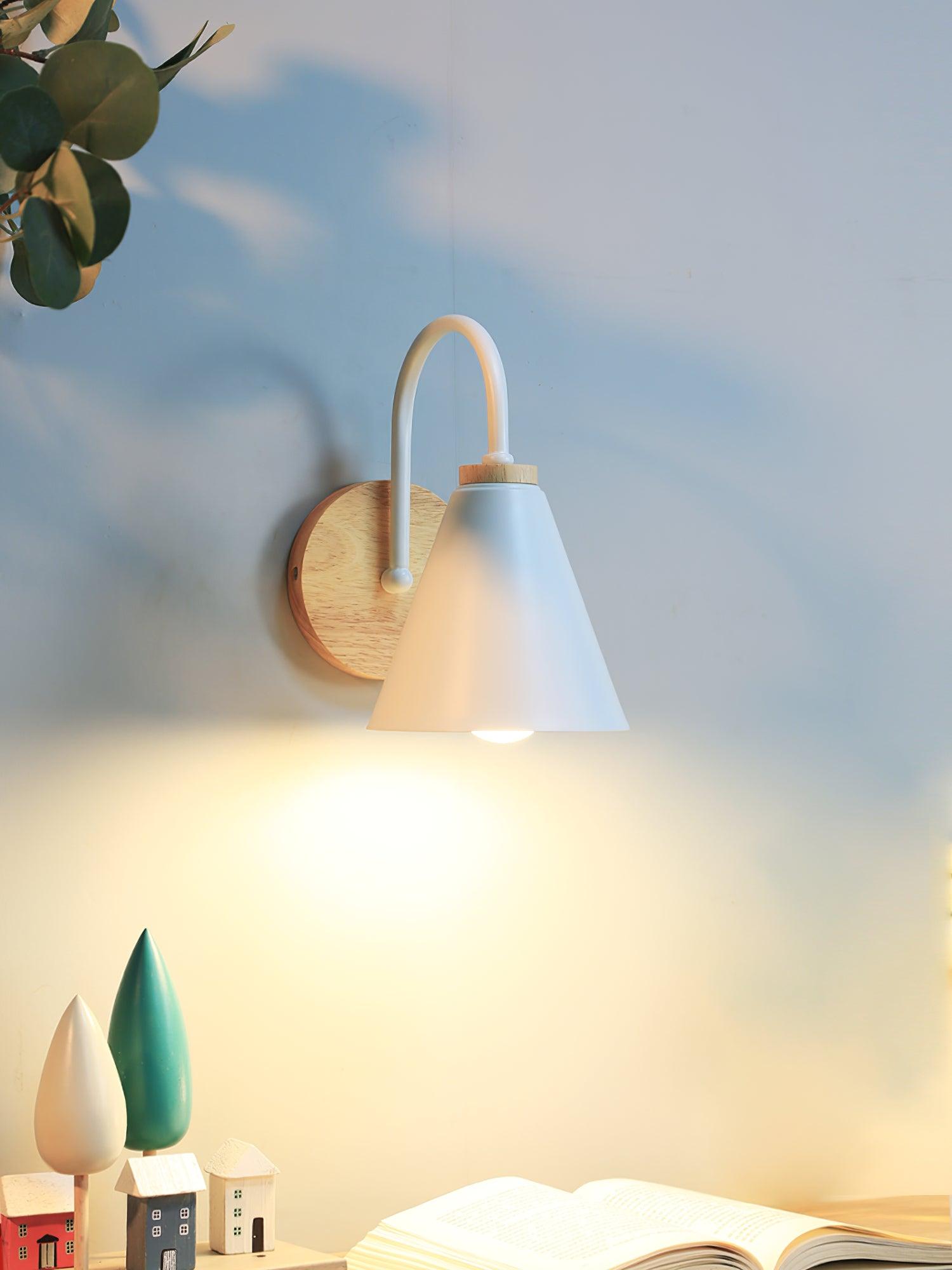 Nordic Wooden Wall Sconce Set with Cone Iron Shade and Modern Metal Accents
