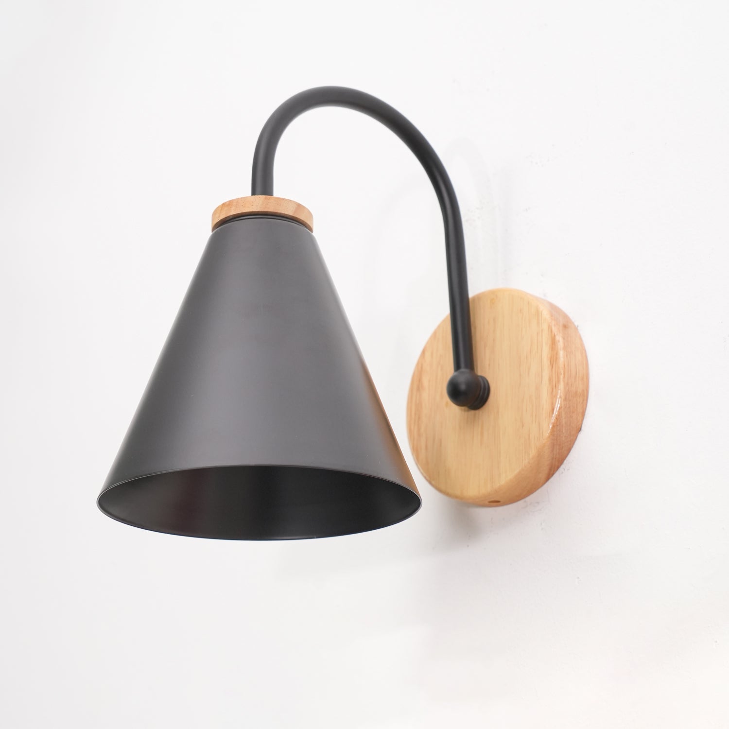 Nordic Wooden Wall Sconce Set with Cone Iron Shade and Modern Metal Accents