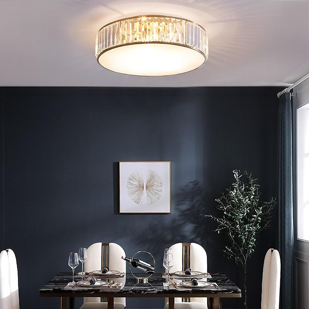 Nordic Crystal Drum LED Ceiling Light Brass Gold Flush Mount Fixture for Kitchen Living Room