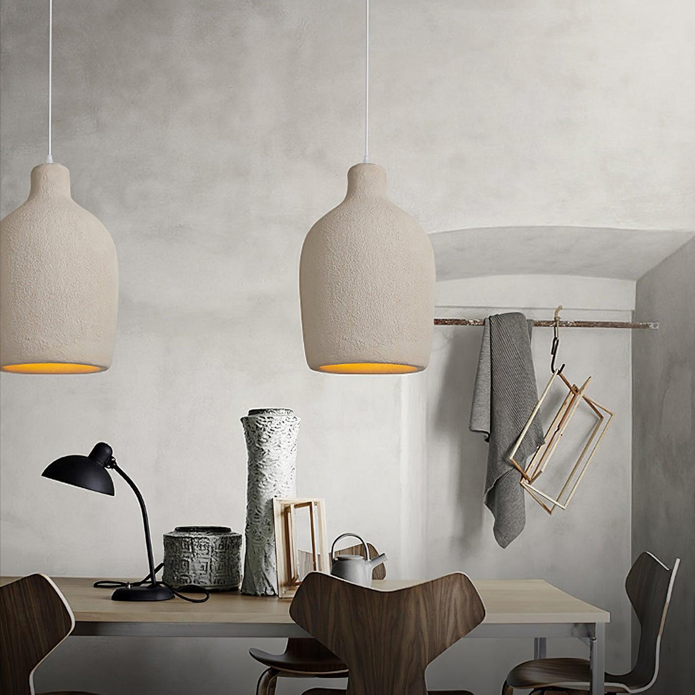 Organic Barrel Shape Polystyrene Pendant Light with Hand Finished Beige Shade