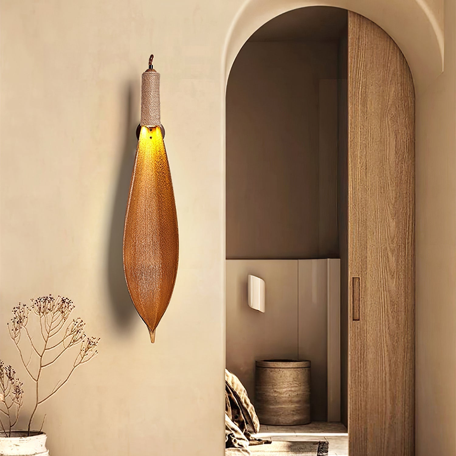 Organic Natural Cocoa Leaf Wall Sconce with Jute Rope Detail for Rustic Interior Lighting
