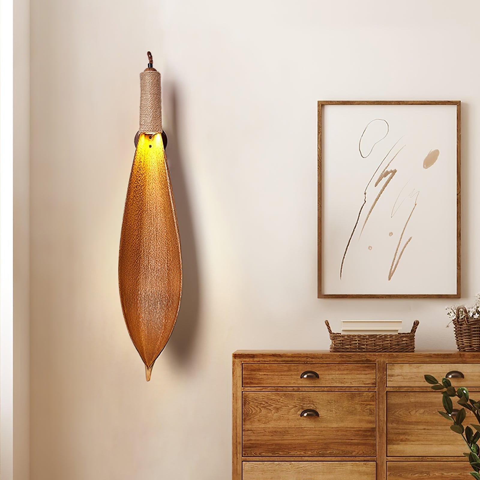 Organic Natural Cocoa Leaf Wall Sconce with Jute Rope Detail for Rustic Interior Lighting