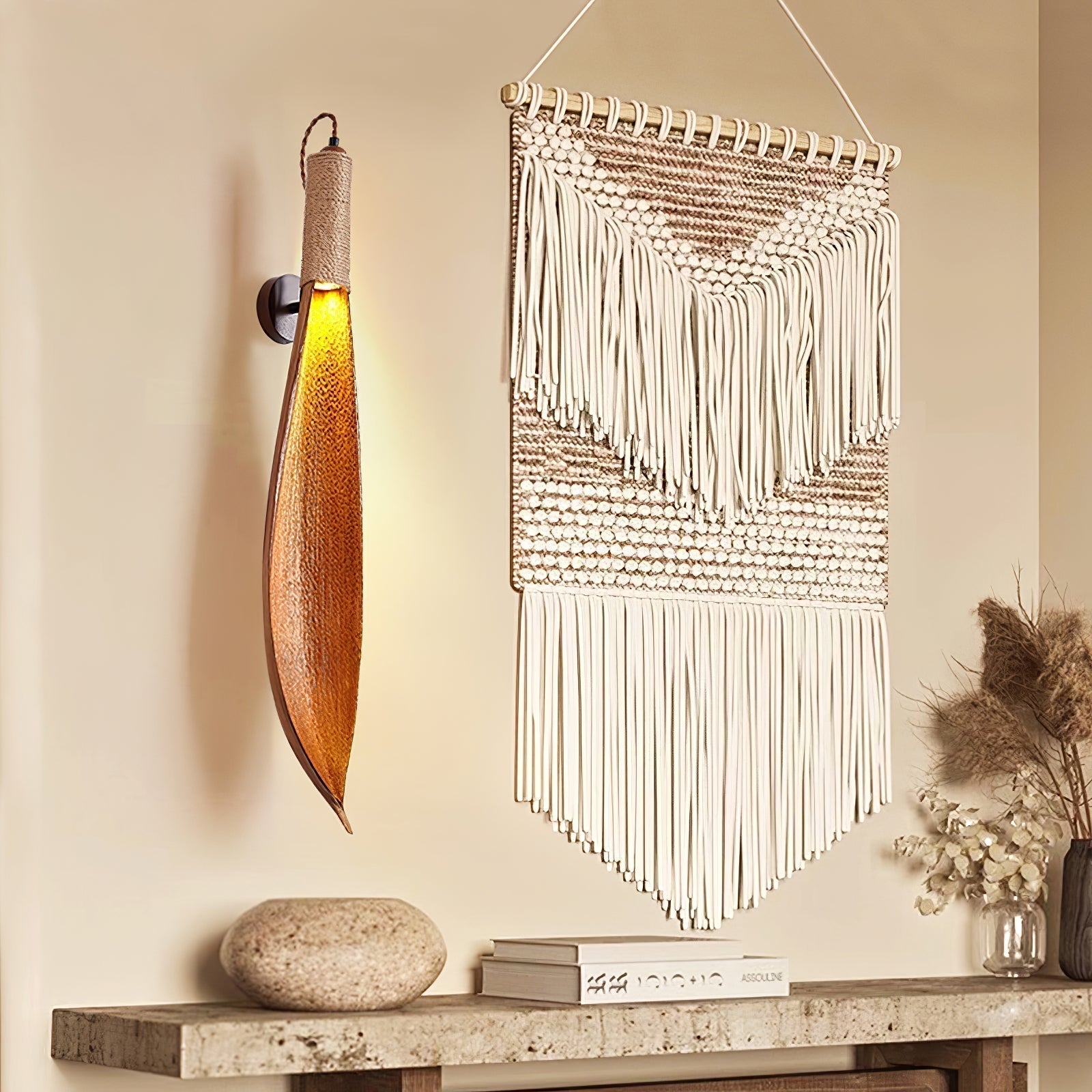 Organic Natural Cocoa Leaf Wall Sconce with Jute Rope Detail for Rustic Interior Lighting