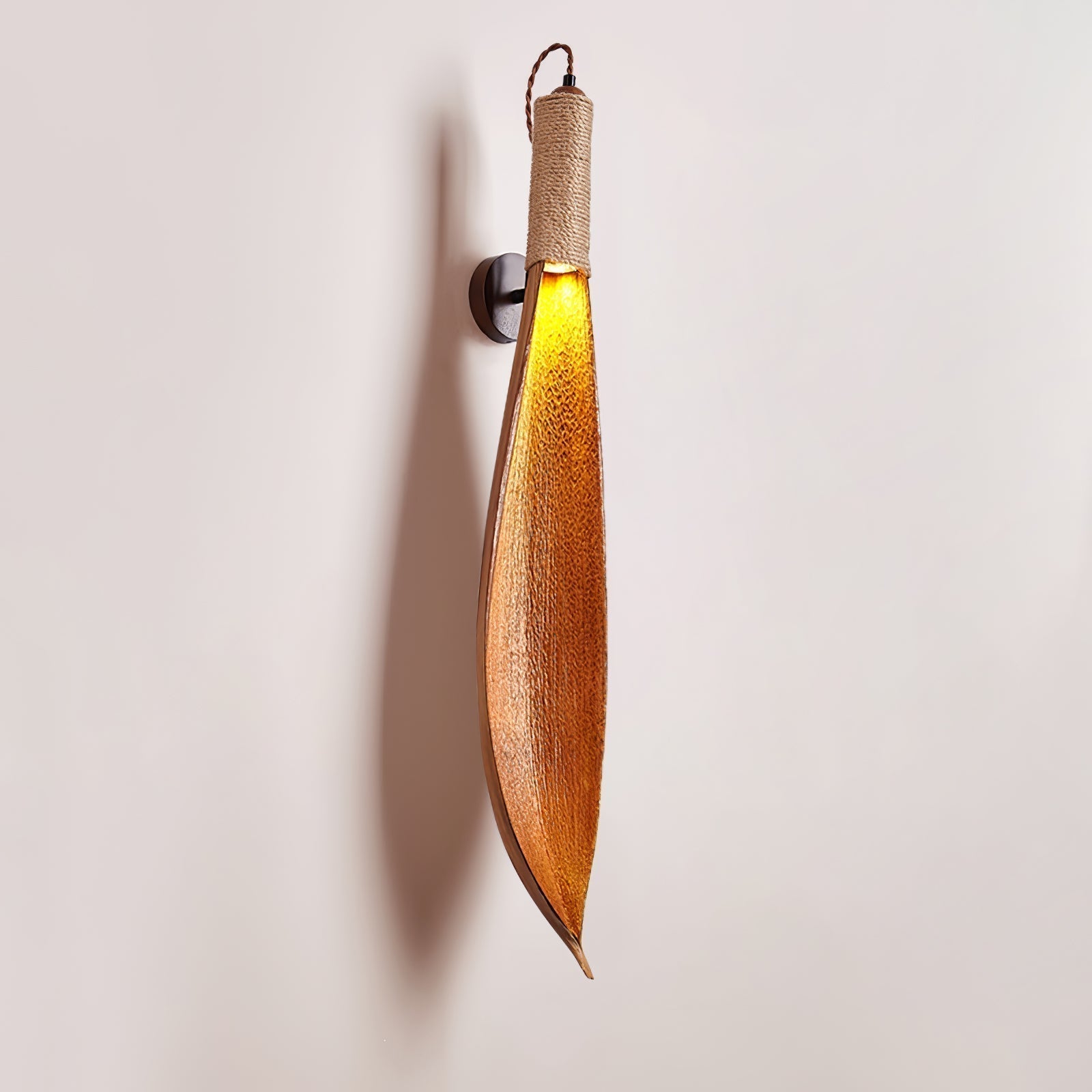 Organic Natural Cocoa Leaf Wall Sconce with Jute Rope Detail for Rustic Interior Lighting