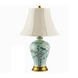 Oriental Green Porcelain Bird and Branch Table Lamp with Linen Bell Shade 23 Inch